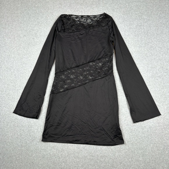 Forever 21 Dresses & Skirts - Forever 21 Dress Womens M Boat Neck Black Bell Long Sleeve Lace Panels Sheer